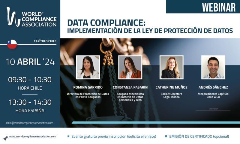 Afiche del evento 'Data compliance: Implementación de la Ley de Protección de Datos en Chile '. Hay cuatro panelistas, las tres primeras mujeres y un hombre. De izquierda a derecha son: Romina Garrido, Constanza Pasarin, Catherina Muñoz y Andrés Sánchez.